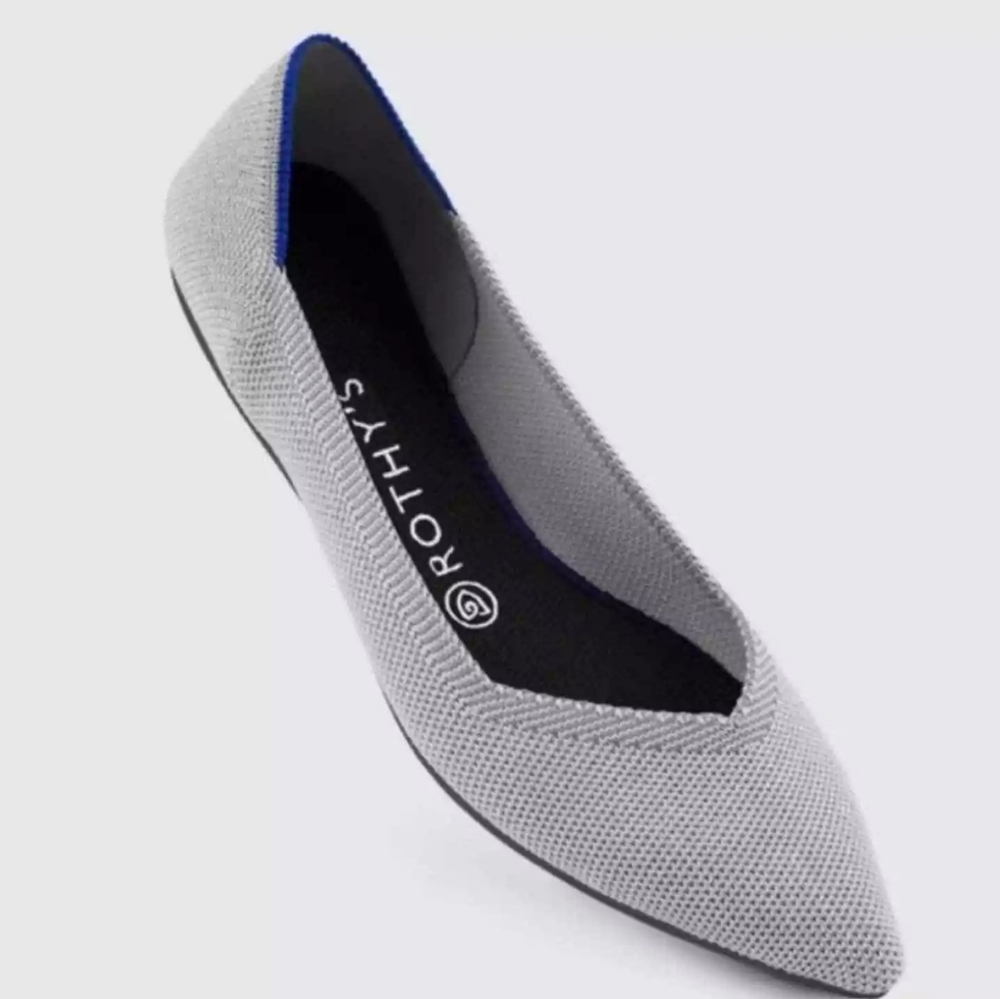Rothy's Light Grey Pointed Knit Flat with Blue Trim